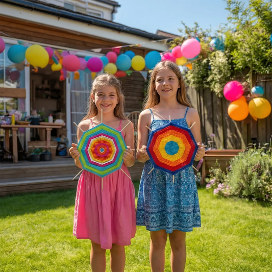 Kids holding handmade yarn mandalas at a mobile birthday art workshop in Los Angeles