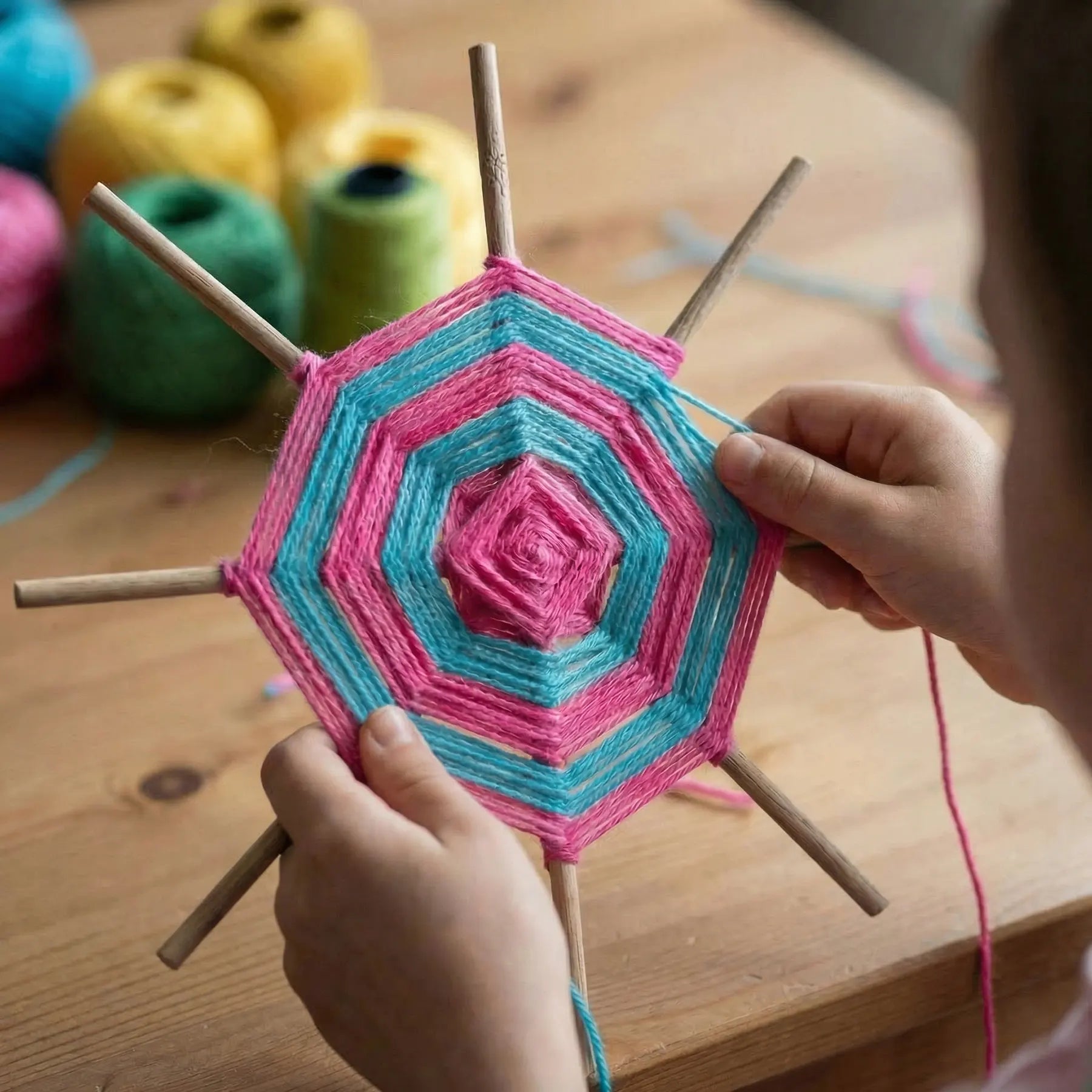 Child's hands holding a colorful yarn mandala at a mobile kids craft class in Los Angeles