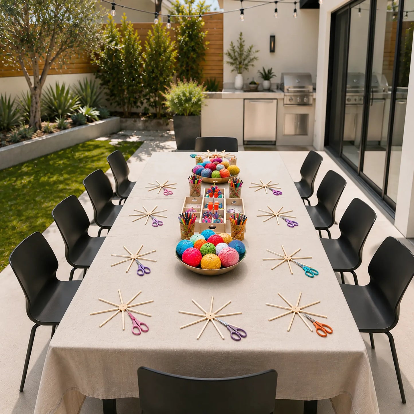 Outdoor mobile kids art workshop setup table with art supplies and chairs in a backyard in Los Angeles .