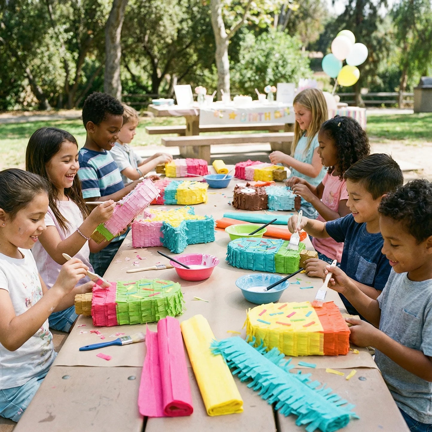 Children making colorful piñata crafts at an outdoor kids birthday party workshop in Los Angeles