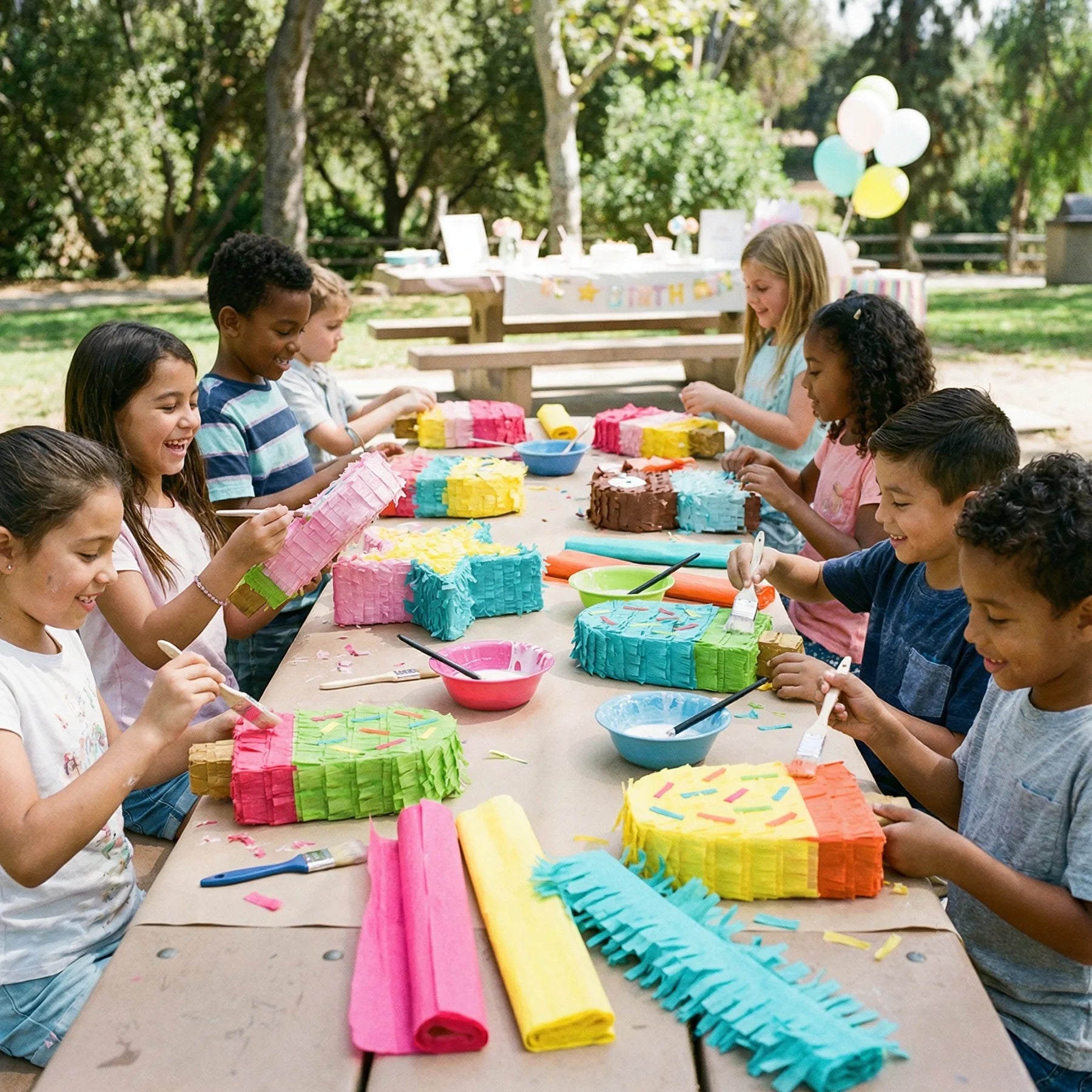 Children making colorful piñata crafts at an outdoor kids birthday party workshop in Los Angeles