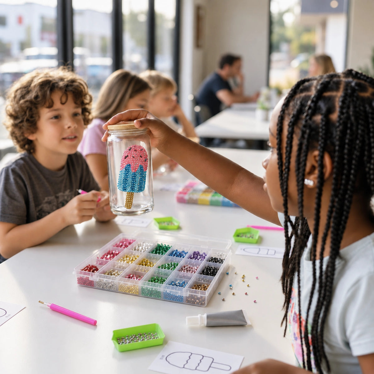 Children decorating bedazzled glass jars with colorful rhinestones at a birthday party workshop in Los Angeles.