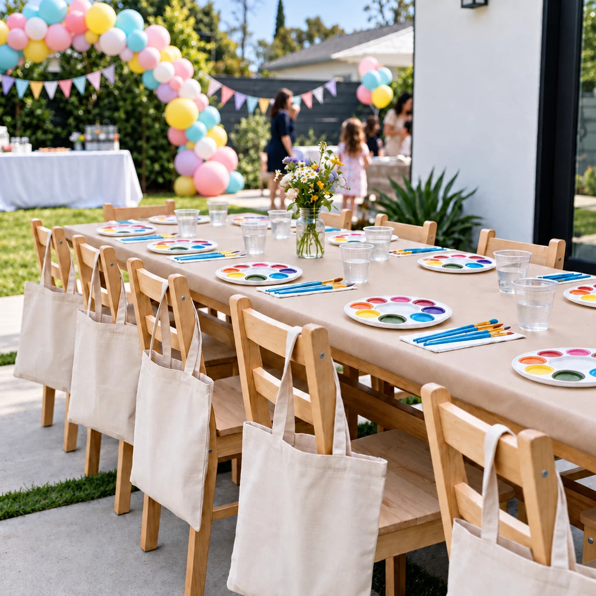 set-up Kids painting canvas tote bags at a mobile birthday party art workshop in Los Angeles.
