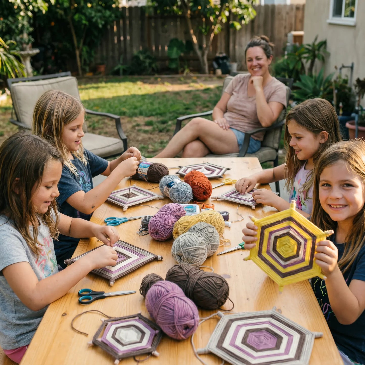 Kids making colorful yarn craft mandalas at an outdoor mobile art workshop in Los Angeles