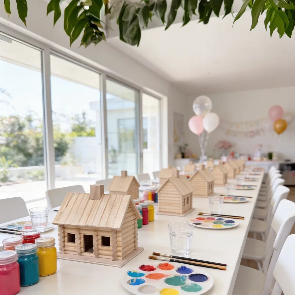 Wooden house painting workshop setup for kids birthday parties in Los Angeles with DIY wooden toys, colorful paints, brushes. kids party ideas LA